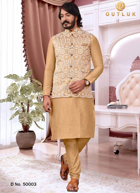 Gold Colour Festive Wear Kurta Pajama With Jacket Mens Collection 50003